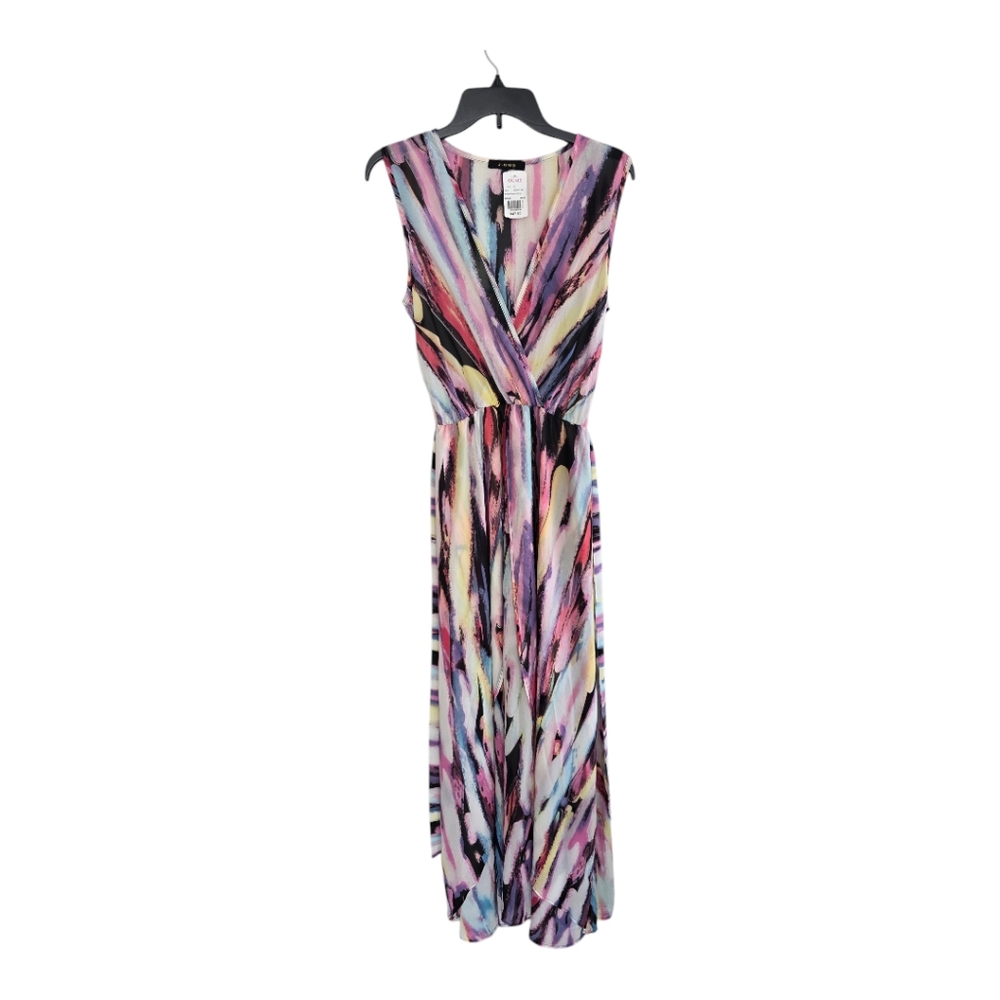 A'gaci Maxi Dress Women Sz L Multi Print Sleevless VNeck Flowy Lined Watercolor